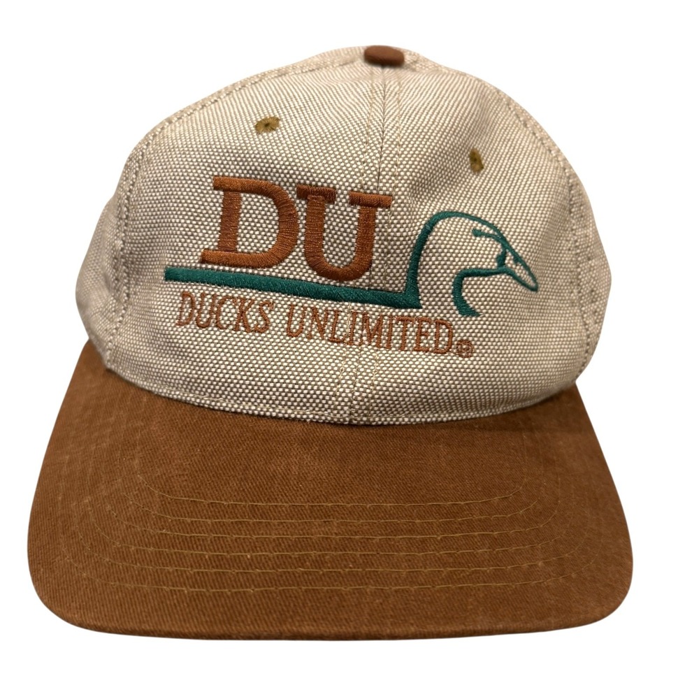 VTG Ducks Unlimited Hat Men Brown Tan Canvas Snapback USA Made Logo